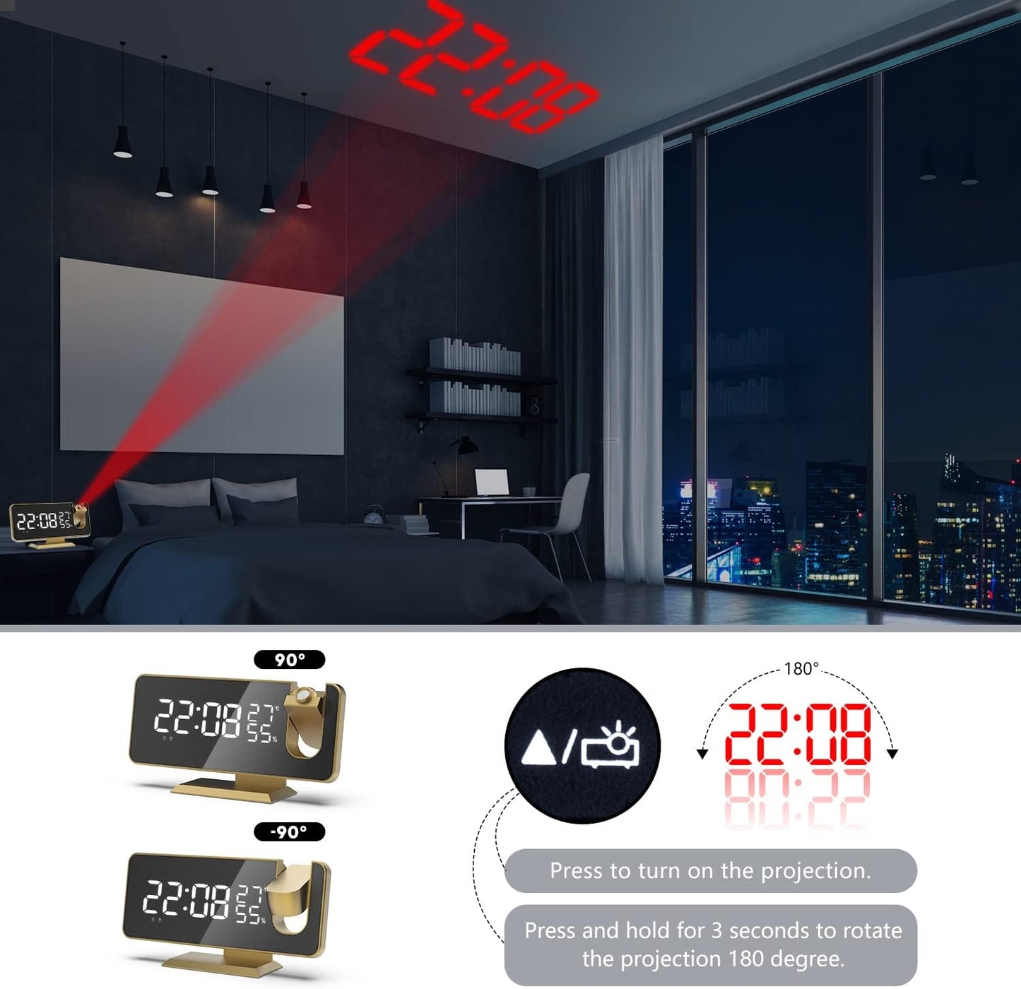 Projection Digital Alarm Clock for Bedrooms, Alarm Clock Radio on Ceiling, USB Charger Port, Temperature & Humidity Display, 7.3” Large Mirror LED Display,12/24H,Snooze,Dual Loud Clock- 4 Dimmer
