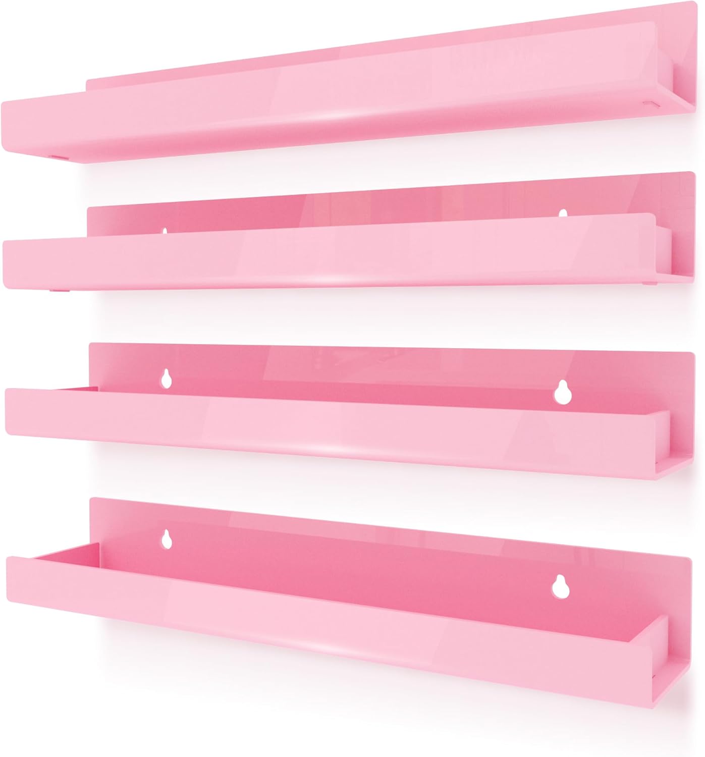 4 Pack 15 Inch Pink Acrylic Shelves, Kids Floating Bookshelf for Kids Room, Modern Nail Polish Rack Sunglasses Essential Oil Picture Ledge Display Toy Storage Wall Shelf