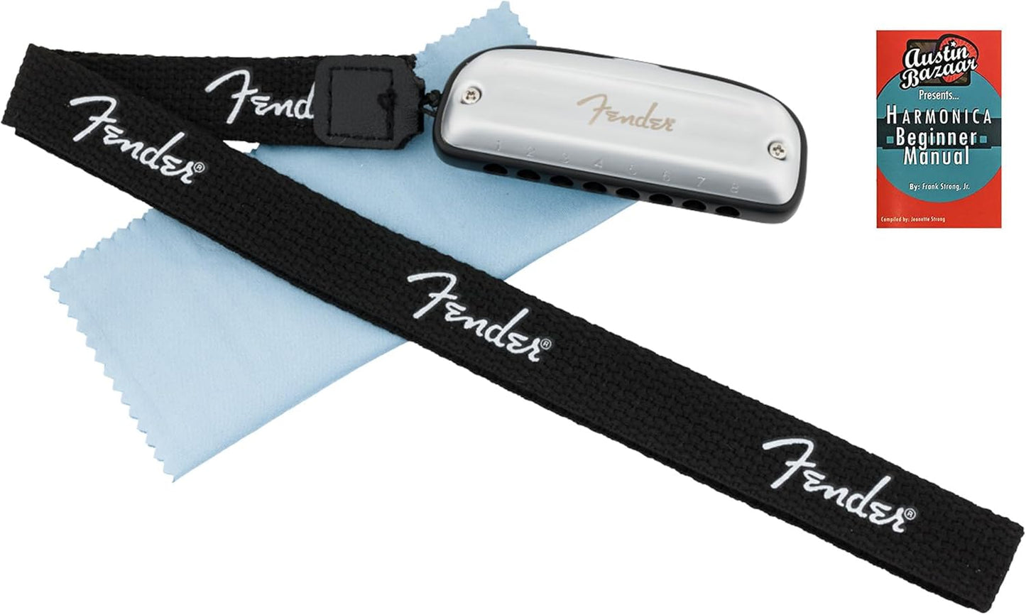 Fender Blues Junior Diatonic 8-Hole Harmonica - Key of G Bundle with Polishing Cloth and Austin Bazaar Instructional Manual