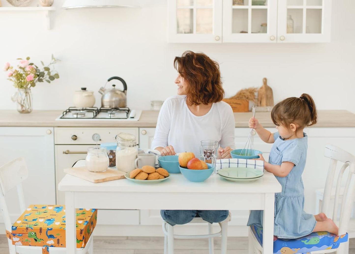 Toddler Booster Seat for Dining Table - 4in Cushion, Portable Booster for Baby, Adjustable Kids Chair Height, Washable Seat Pad Mat