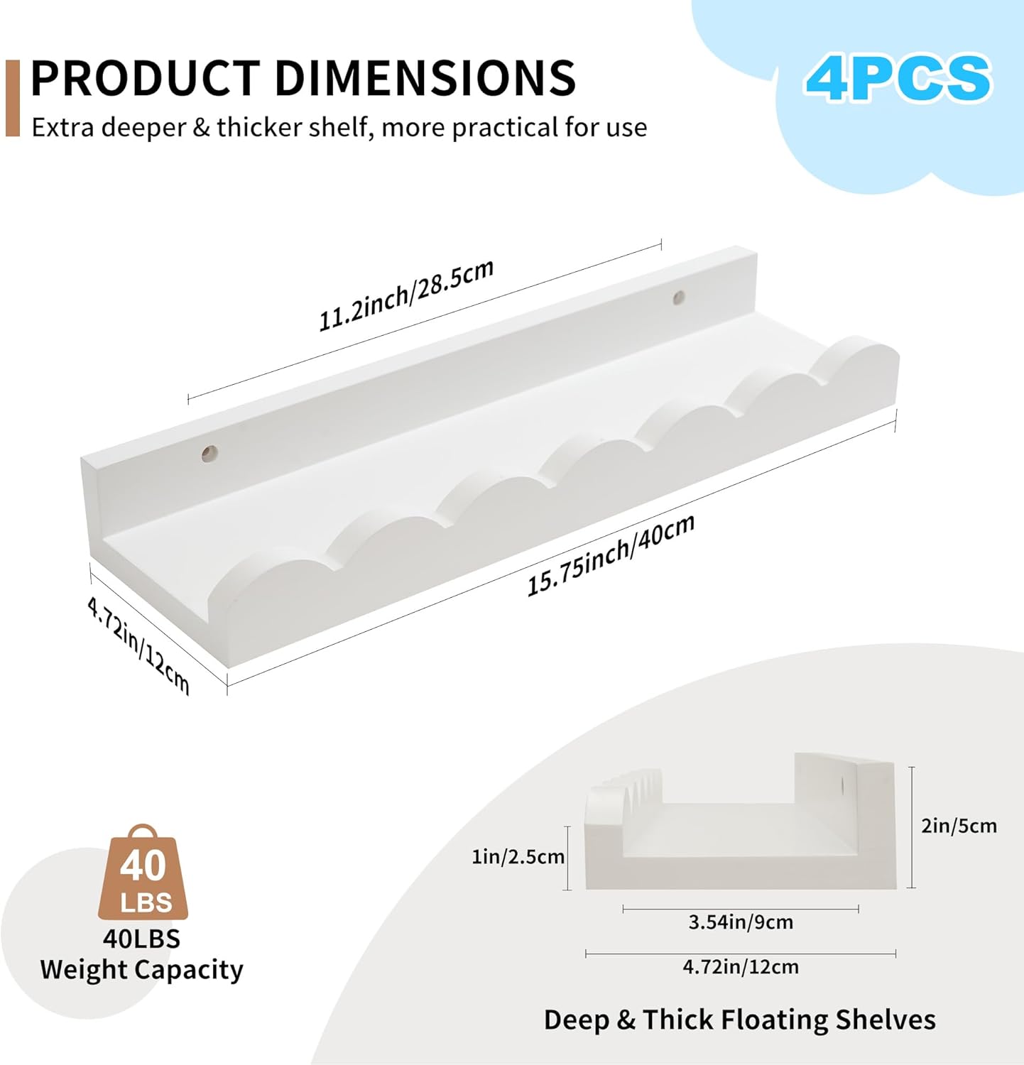 Scalloped Baby Book Shelf,Floating Shelves for Wall Set of 4 Solid Pine Wood Nursery Bookshelves with Wave Lip for Bedroom Kids, Toddler Room, Baby Room, Nursery Decor(White,40cm)