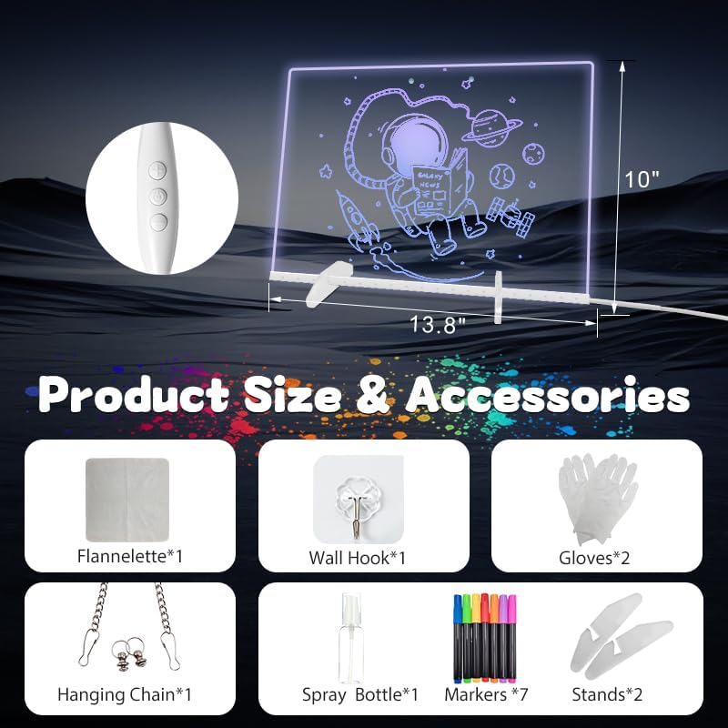 Acrylic Dry Erase Board with Light,LED Note Board with Colors 13.8"X10" 4 Modes & 7 Colors Rewritable LED Acrylic Drawing Board forKids School Home Office Include 7 pens,Clear Stand,Spray Bottle