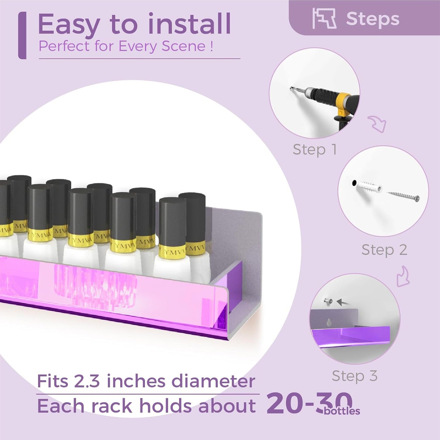 4 Pack 15 Inch Purple Reflective Acrylic Shelves, Purple Floating Shelves, Modern Sunglasses Essential Oil Picture Ledge Display Toy Storage Shelf