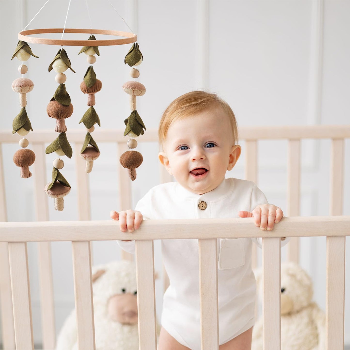 Baby Mobile for Crib,Crib Mobile for Boys Girls, Soft Crib Toys Hanging，Baby Mobile for Bassinet，Boho Nursery Decor Neutral（Mushroom，Leaves,Cotton）