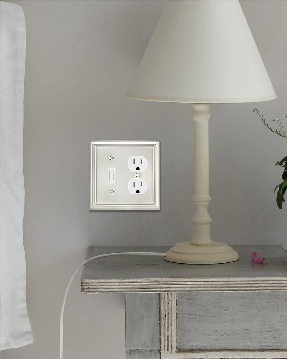 2-Pack Combination Toggle/Duplex Wall Plate, Wall Outlet Covers for Double Light Switches, Receptacle Outlet, Dimmer Switch, Satin Nickel Finish, Midsize, A031 Series