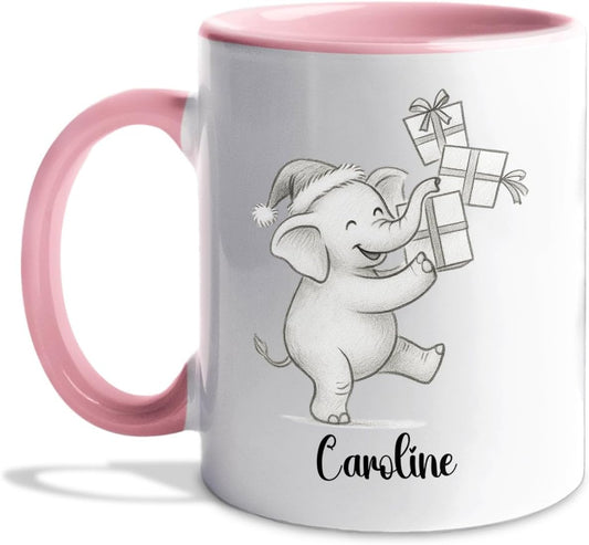 Cute Elephant Coffee Cup With Name, Personalized Elephant Lover Coffee Mug Gift For Men Women Kids Children, Awesome Animal White Ceramic Teacup 11 Oz 15 Oz, Custom Name Elephants Accent Coffee Mug