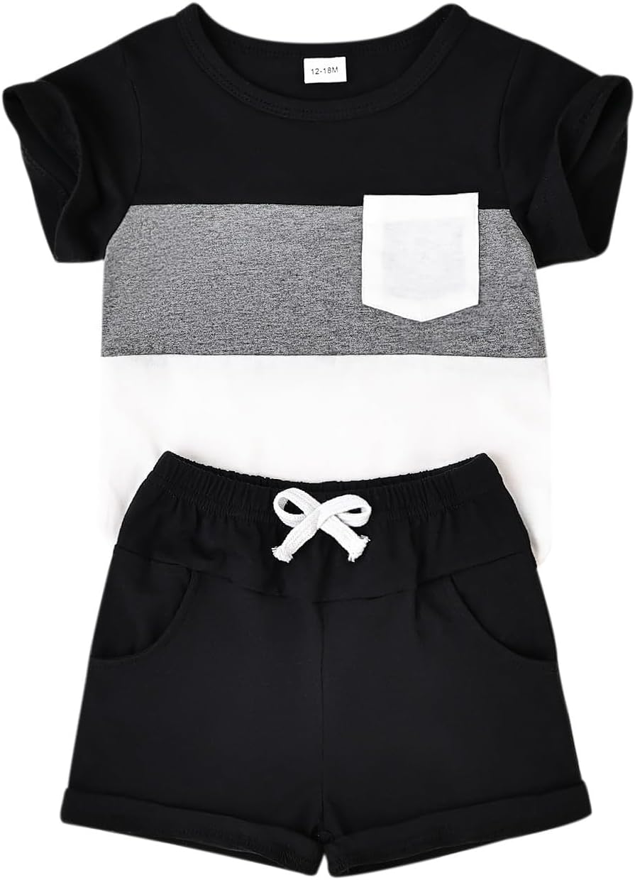 Baby Boy Clothes Toddler Boy Summer Outfits Short Sleeve Patchwork Top T-shirt & Pocket Pant Set 2 Piece 12 Months-4T