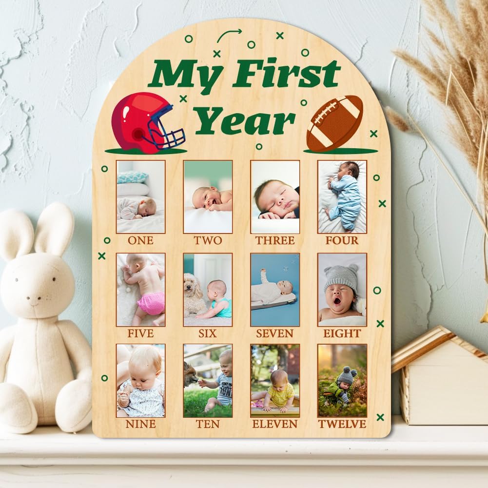ORIGACH My First Year Baby Growth Photo Display Wood Board - 12 Months Newborn Milestones Photo Board - Neutral Baby Keepsake Frame 1st Birthday Party Nursery Decor New Mom Gift - Football