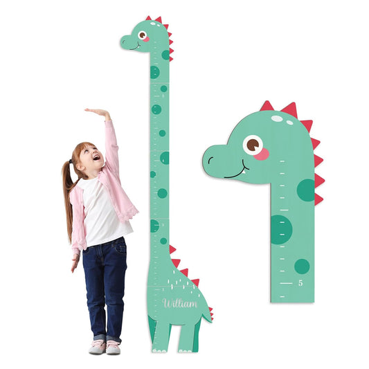 Wooden Dinosaur Height Chart – Personalized Name Growth Chart for Kids, Wall Decor 63" x 17.4"