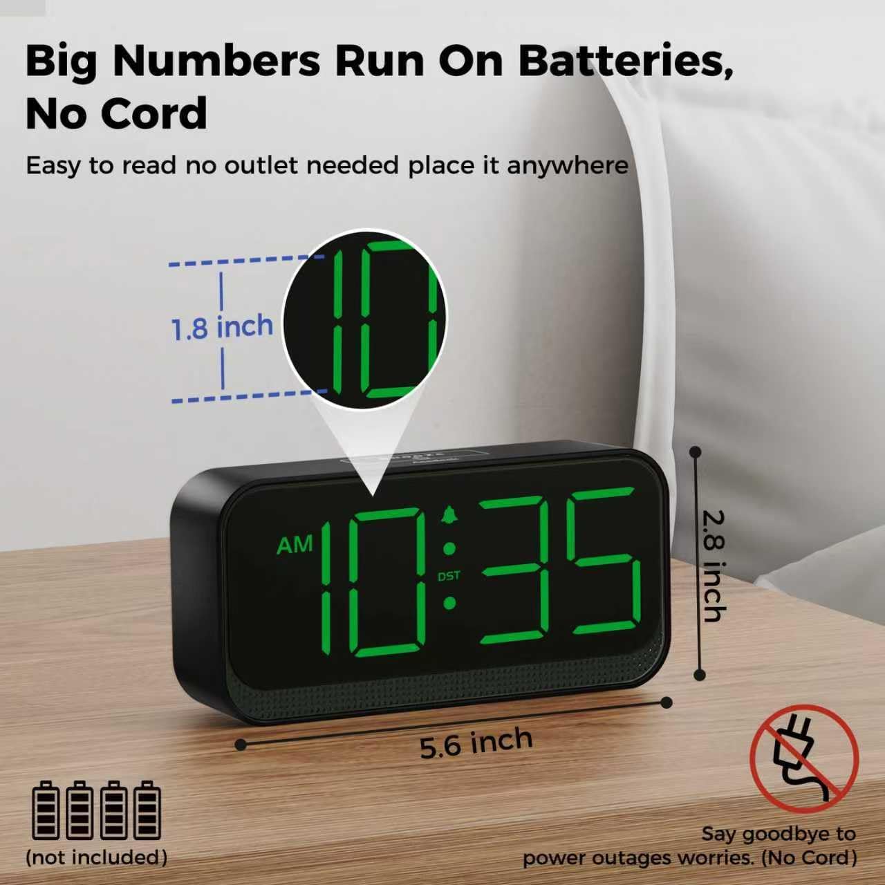 Battery Operated Digital Clock: Cordless Small Alarm Clock for Bedroom Travel - Large Numbers 4 Dimmers for All Ages Green Digits