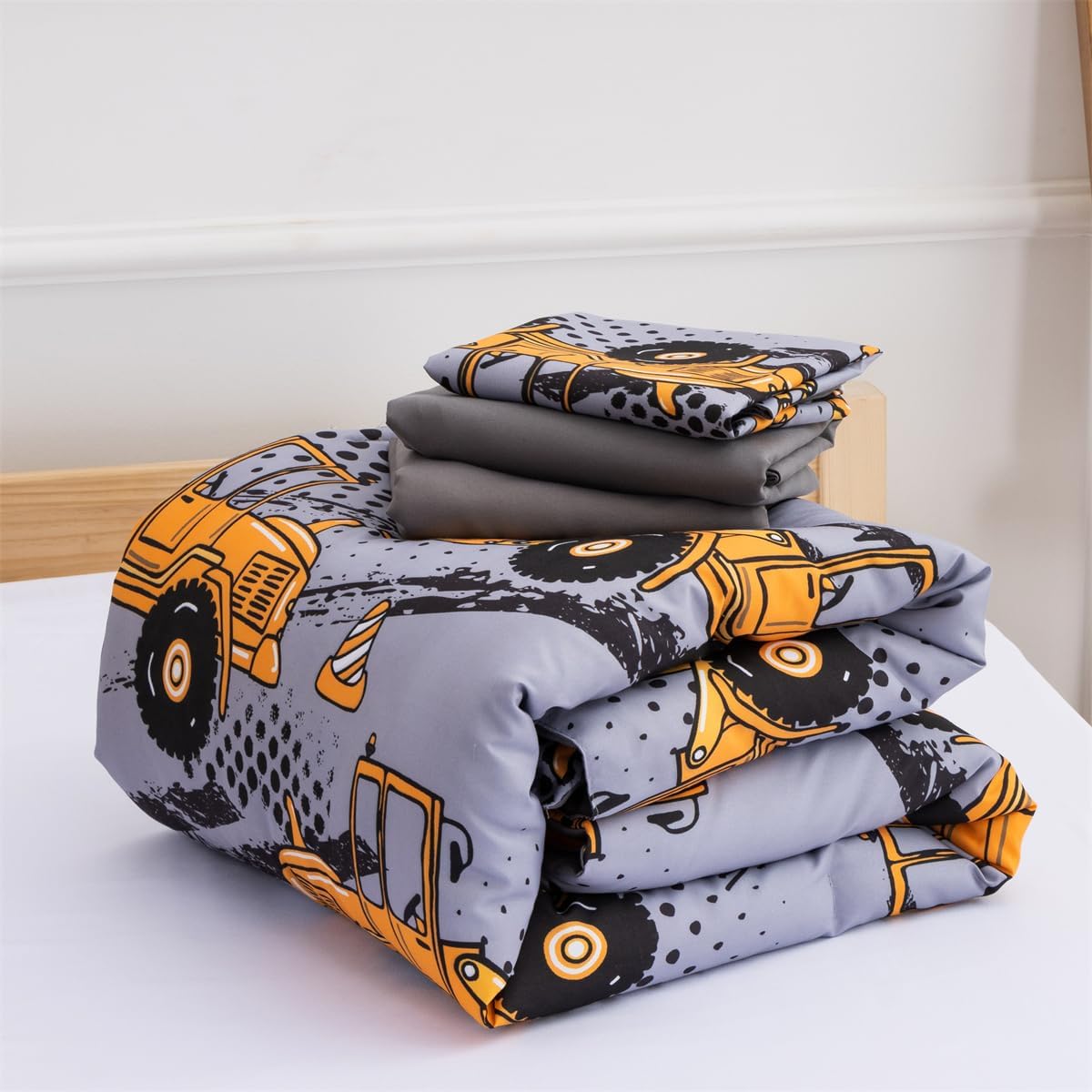 NTBED 4 Pieces Construction Toddler Bedding Set for Baby Boys, Excavator Truck Vehicles Cars Printed, Includes Comforter, Flat Sheet, Fitted Sheet and Pillowcase,Grey