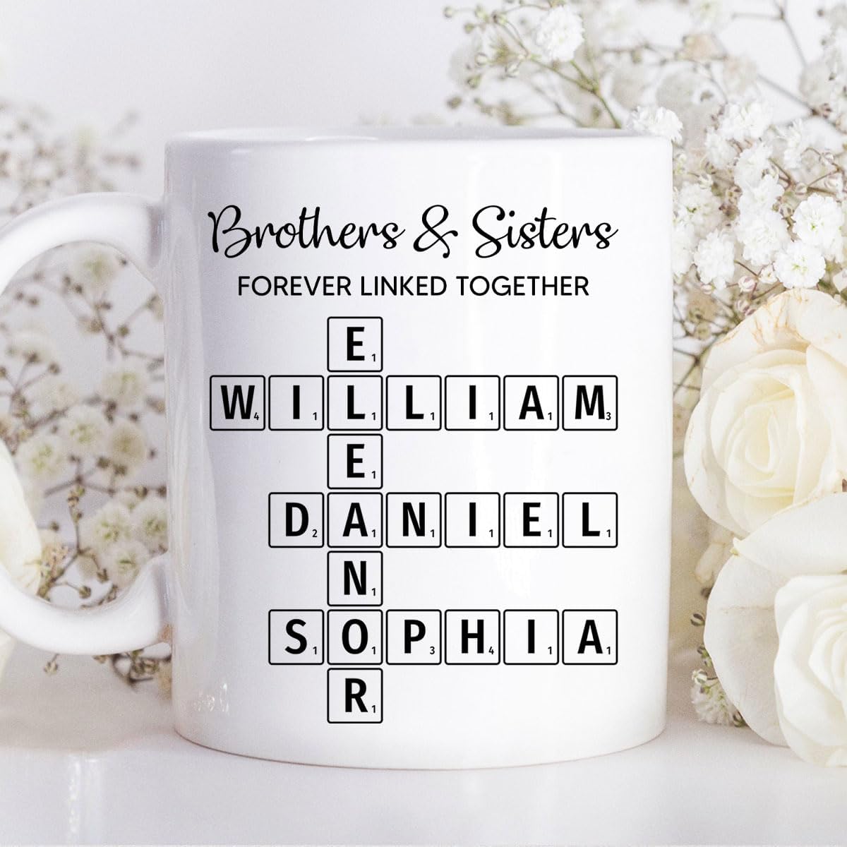 Trending Custom Brothers & Sisters Forever Linked Together Personalized White Mug Brothers Sisters Crossword Puzzle Art Mug, Gift For Brothers, Sisters, Siblings, Family Member on Birthday Christmas
