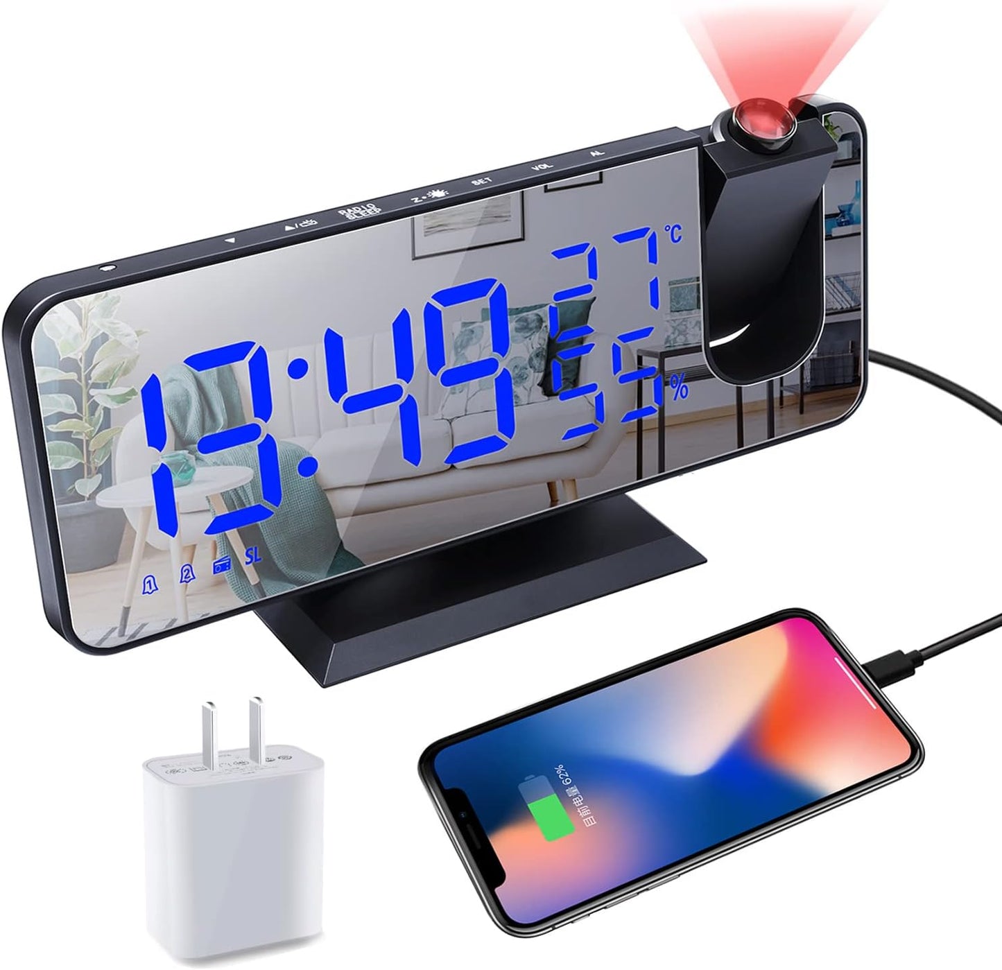 Projection Digital Alarm Clock for Bedrooms,Alarm Clock Radio on Ceiling, USB Charger Port, Temperature & Humidity Display, 7.3” Large Mirror LED Display,12/24H,Snooze,Dual Loud Clock- 4 Dimmer