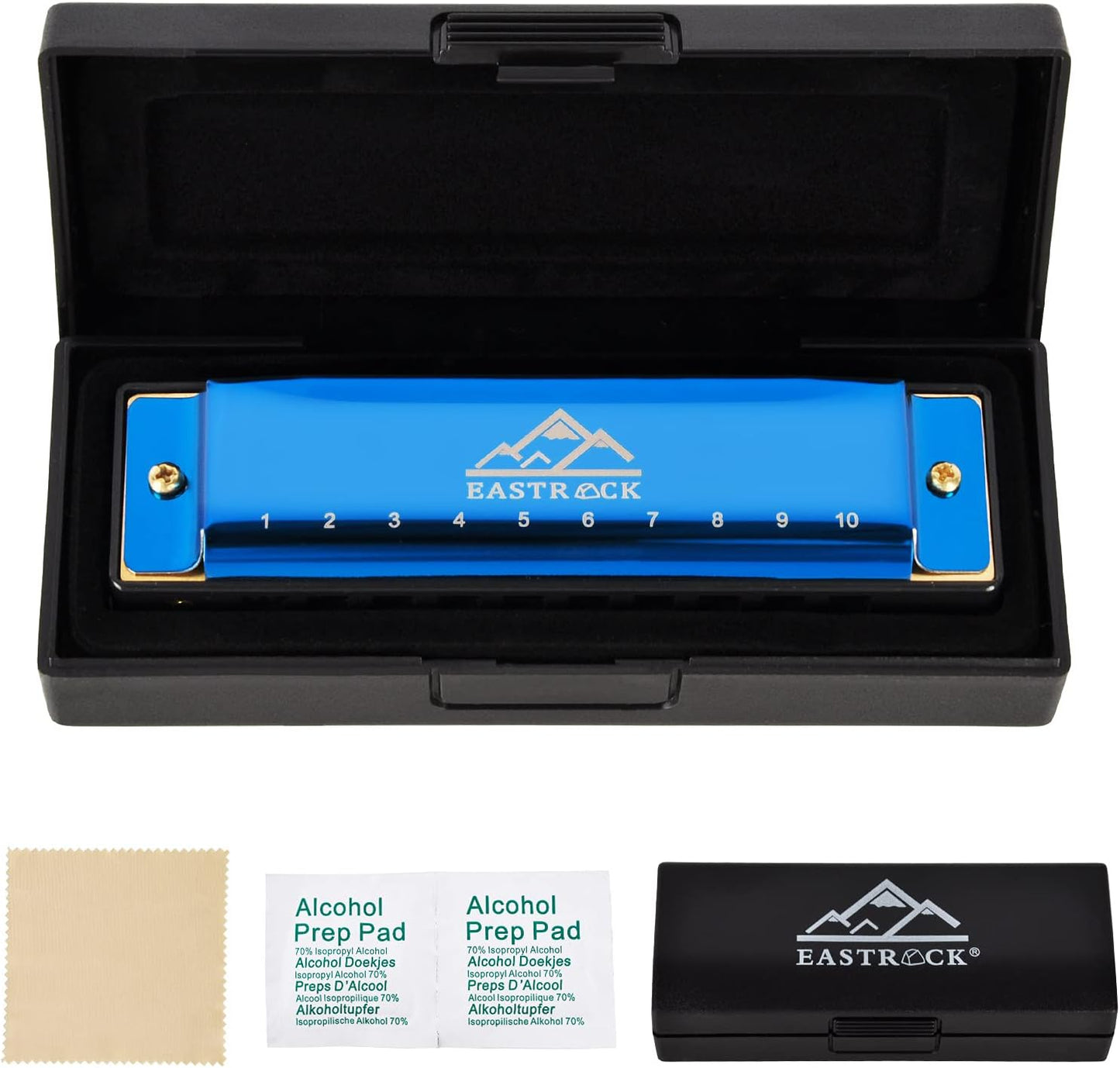 EastRock Blues Harmonica Mouth Organ 10 Hole C Key with Case, Diatonic Harmonica for Professional Player, Beginner, Students gifts, Adult, Friends, Gift Blue