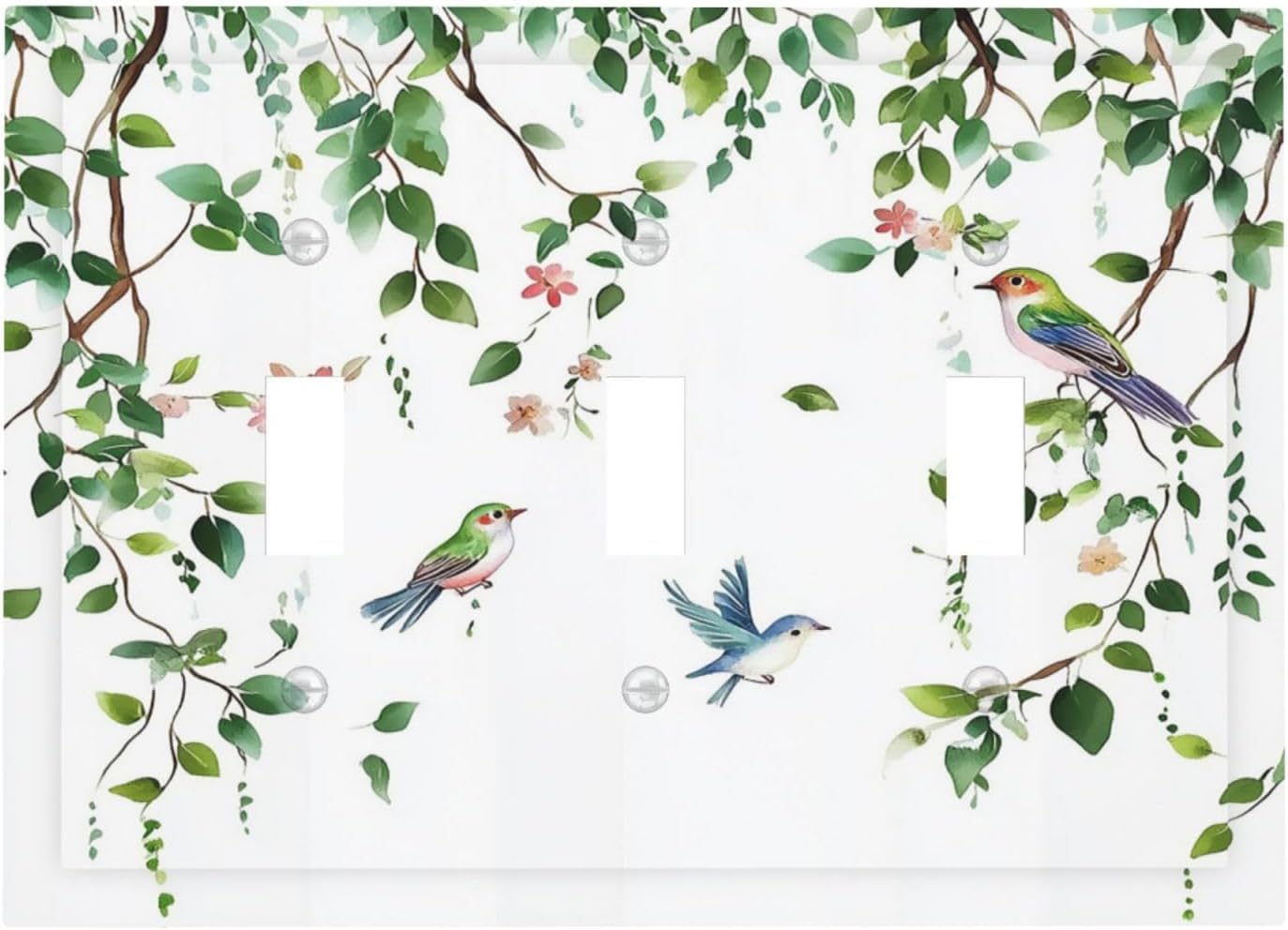 Decorative Switch Plates Green Leaves Bird Eucalyptus Sage Plant 3 Gang Wall Plate Triple Toggle Light Switch Cover Faceplate Electrical Wall Panels For Bed Room Living Room Decor
