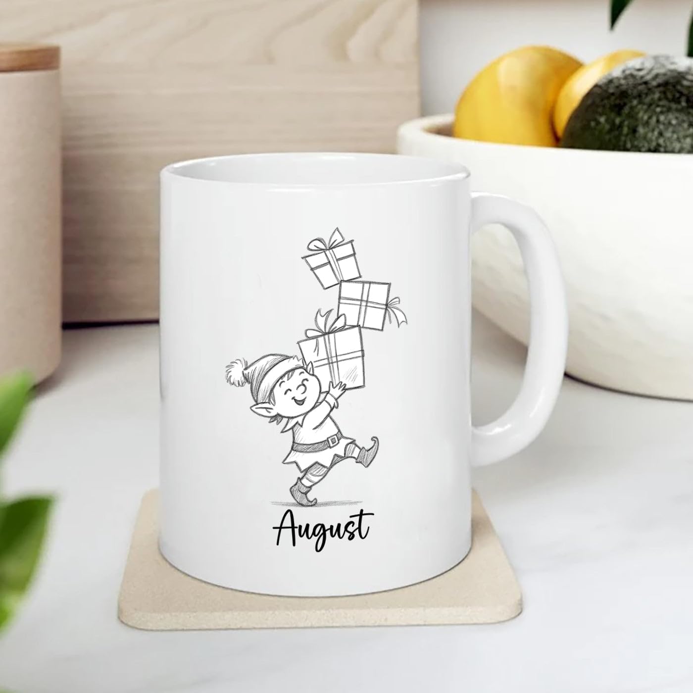 Elf With Box Coffee Mug Gift For Men Boy Grandson Christmas, Personalized Name Kids Accent Teacup, Customized Elf Travel Coffee Cup Gift For Nephew on Birthday Christmas, Elves White Mug 11 Oz 15 Oz