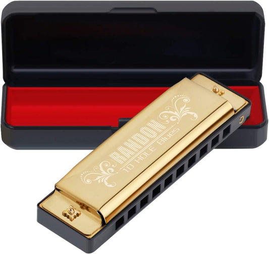 Randon Gold Harmonica Key of C, 10 Holes Diatonic Harmonicas for Adults/Kids/Beginners, Blues Harmonica as Gift, with Case, Clean Cloth and Manual