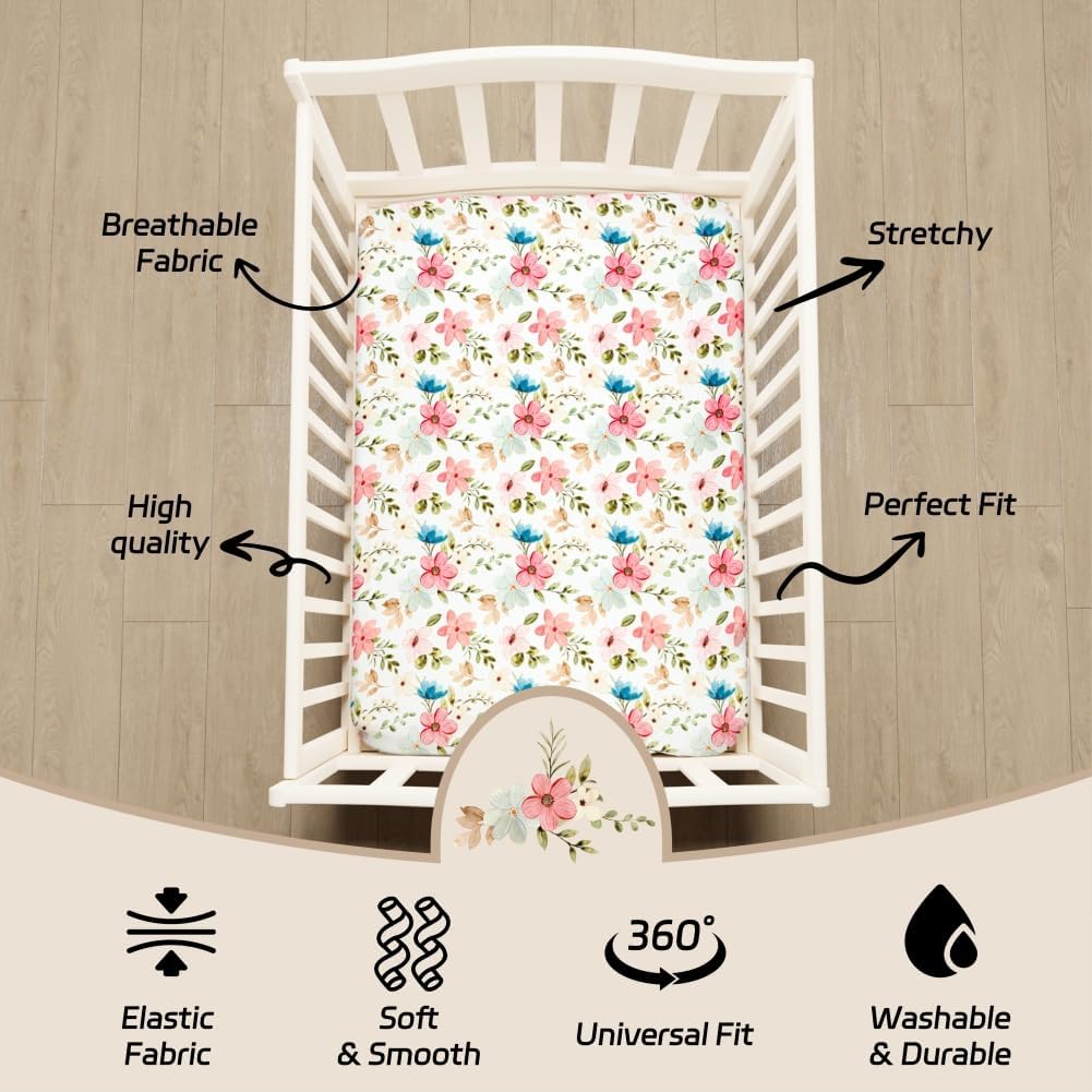 4 Pack Baby Girl Pack N Play Mini Crib Sheets Set Soft Fitted Floral Theme Baby Girl Mattress Covers Breathable Toddler Bed Sheets for Infant or Newborn(Flower, Pack N Play Mini Crib Sheets)