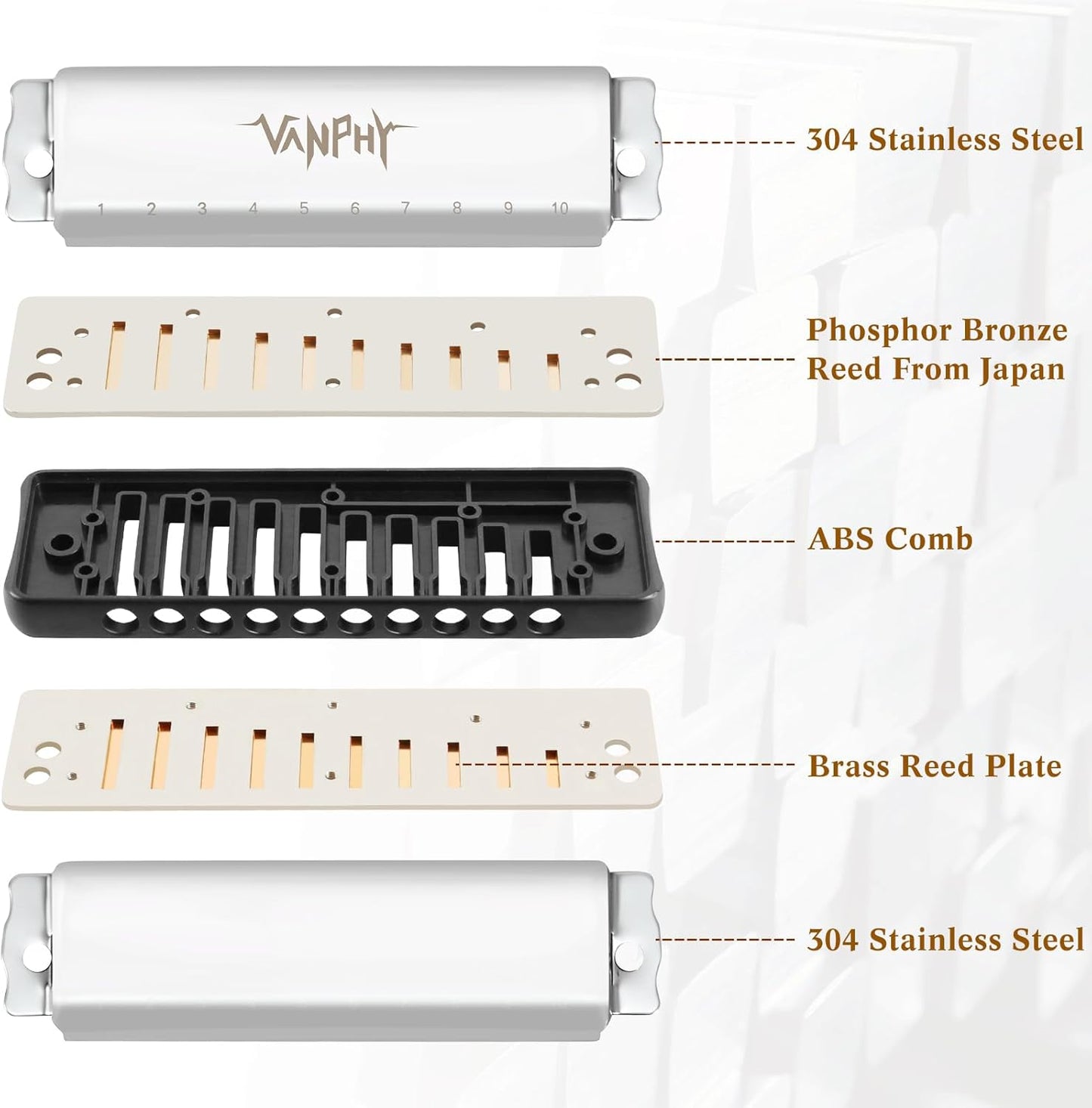 Harmonica 10 Hole Diatonic Blues Harmonica Key of C Rounded Holes Blues Harmonicas with Black Case for Adults Professionals Beginners and Students as a Gift（Sliver）