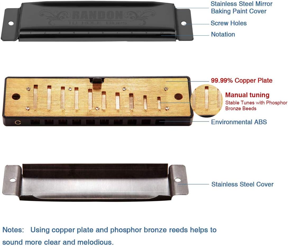 Randon Black Harmonica Key of C, 10 Holes Diatonic Harmonicas for Adults/Kids/Beginners, Blues Harmonica as Gift, with Case, Clean Cloth and Manual