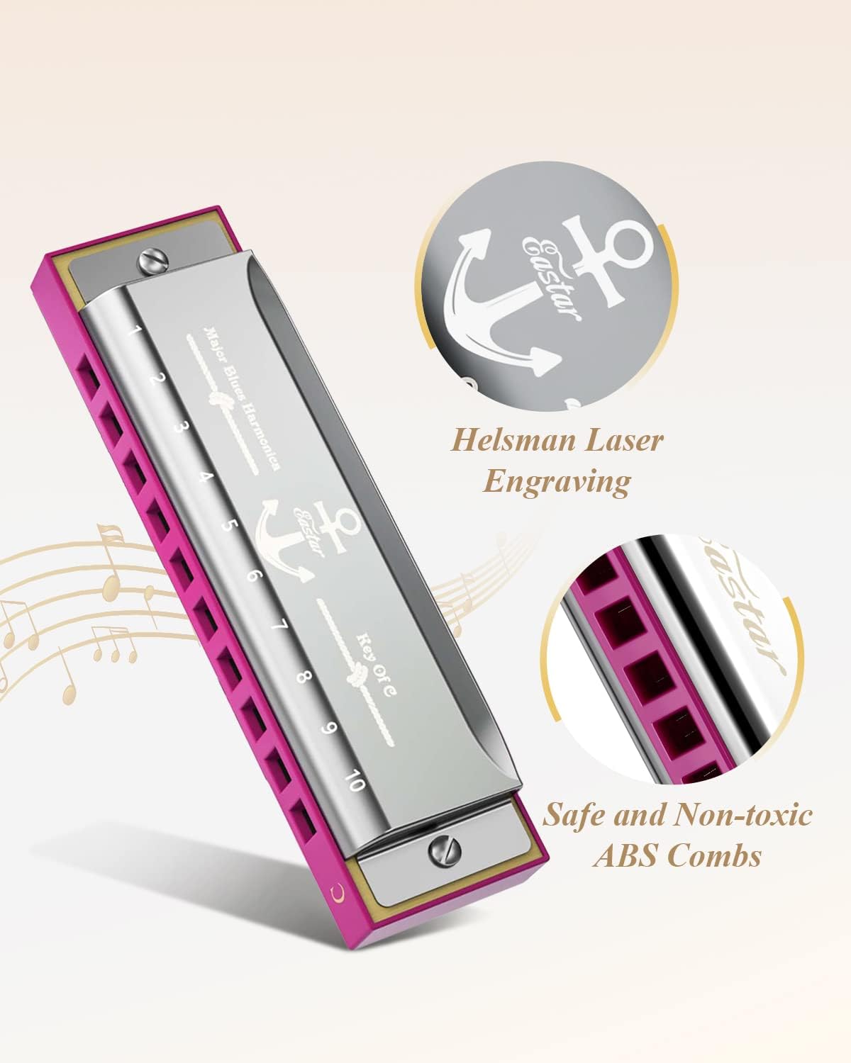 Eastar Major Blues Diatonic Harmonica, 10 Holes C Key Beginner for Kids Children Adults Students, with Hard Case and Cloth, Pink