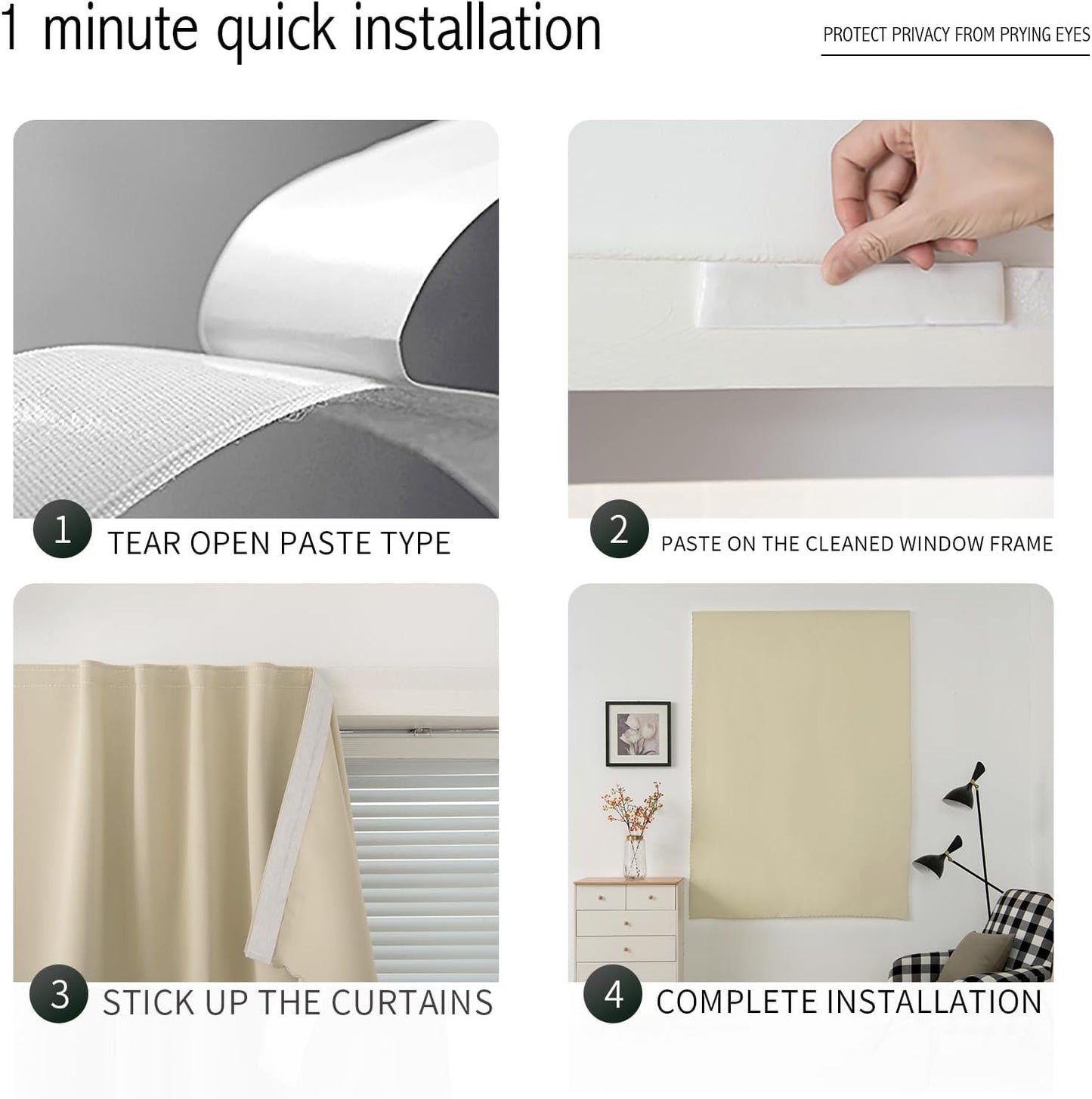 Self Adhesive Portable Blackout Curtains for Bedroom Easy to Install Window Thermal Lnsulated Kitchen Room Darkening Small Window Curtains, Cortinas Para Cuarto, 59"W X 71"L, Beige, 1 Panel