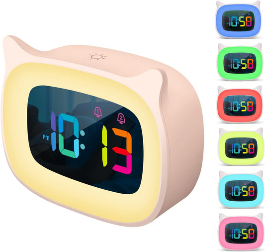 Cute Cat Ear Alarm Clock with RGB 7 Color Night Light & 18 Ringtones,Rechargeable Clock for Kids Bedroom,LED Colorful Digital Display,Bedside Clock for Boys,Girls Birthday Presents(Pink)