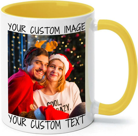 Ship Next Day Custom Mug Design Your Own Photo Text Personalized Picture Gifts for Women Men Customized Gifts Idea Personalized Coffee Mugs 11oz Yellow Handle