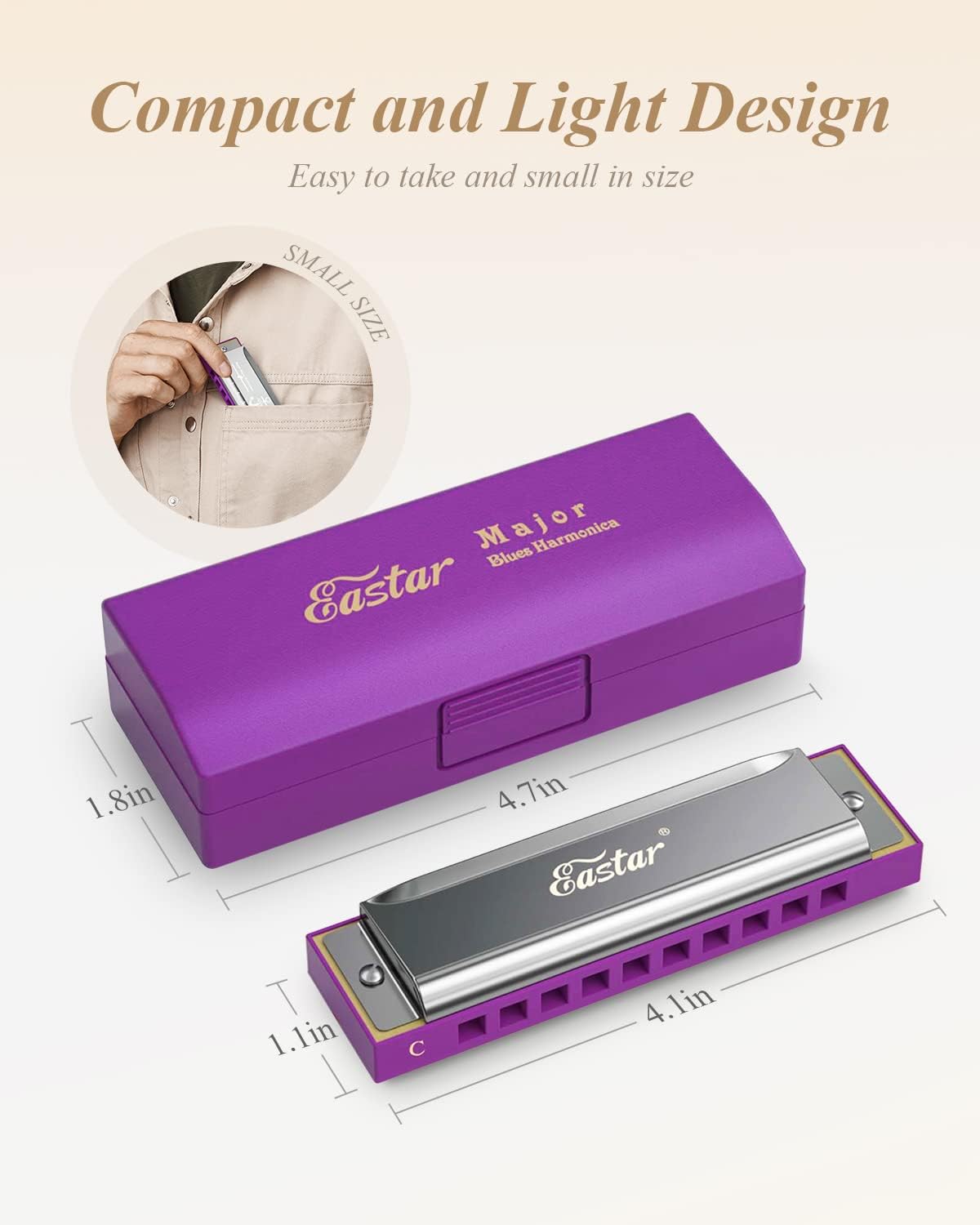 Eastar Major Blues Diatonic Harmonica, 10 Holes C Key Beginner for Kids Children Adults Students, with Hard Case and Cloth, Purple