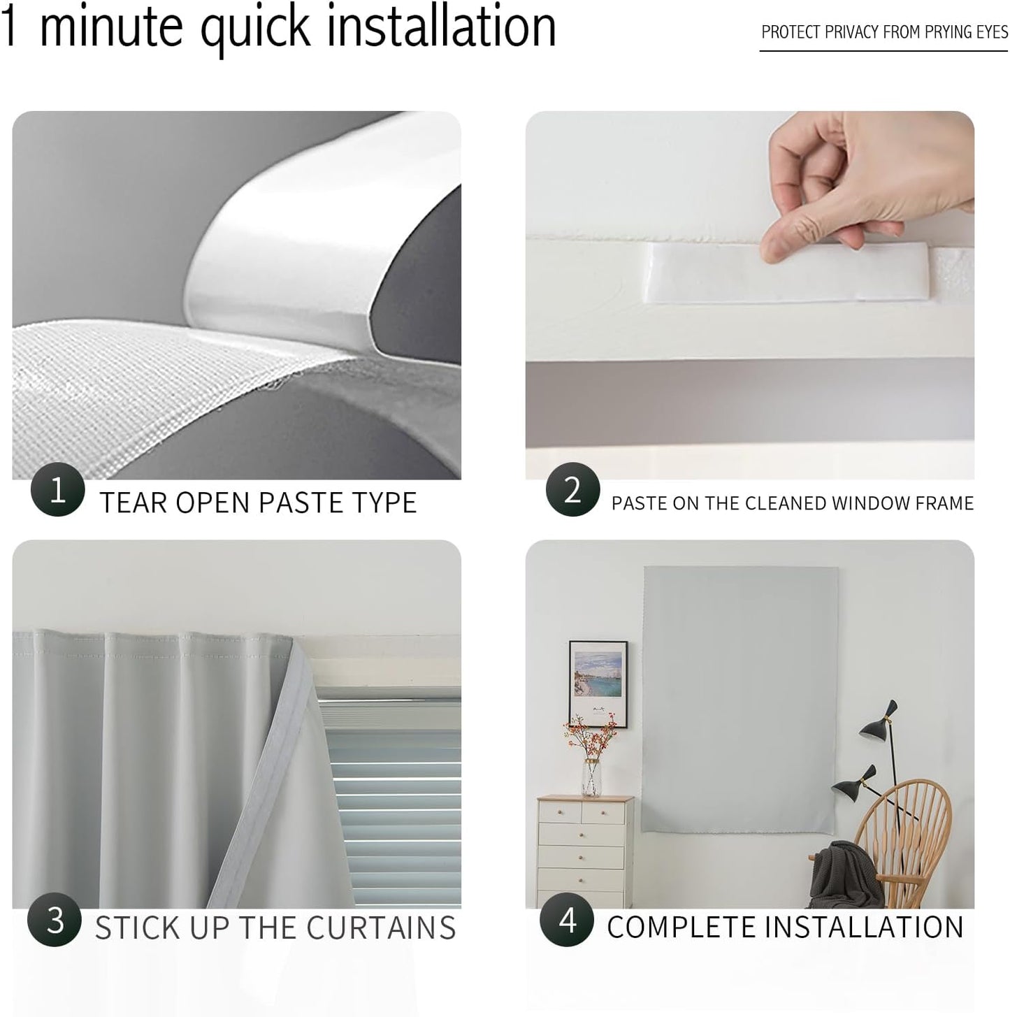 self Adhesive Curtains Portable Blackout Curtain Simple and Easy to Install Bedroom Window Thermal Lnsulated Kitchen Room Darkening Black Small Drapes, 59" W X 59" L, White, 1 Panel