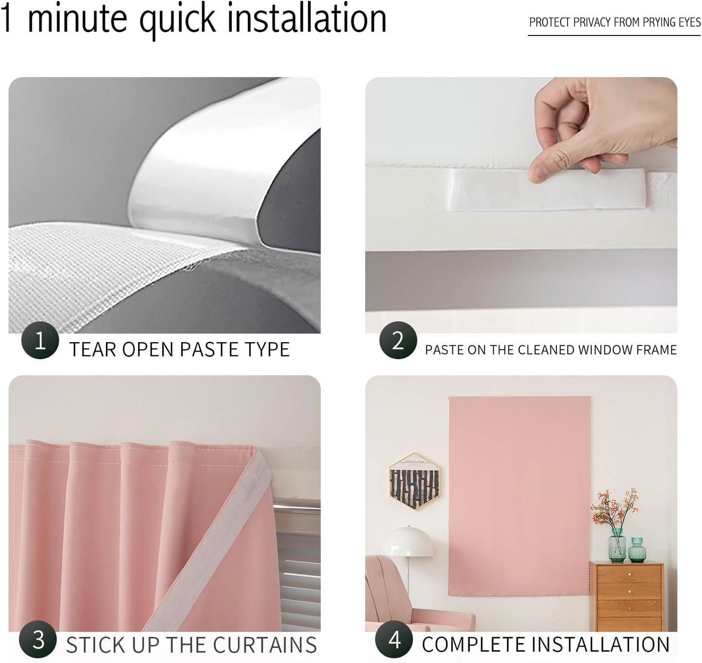 Self Adhesive Blackout Curtains- Stick on Curtains Shades Window Blinds Curtains No Rod Needed Easy to Hang Curtain, Use for Bedroom, Living Room,Roman Shades, 59" W X 71" L, Pink, 1 Panel