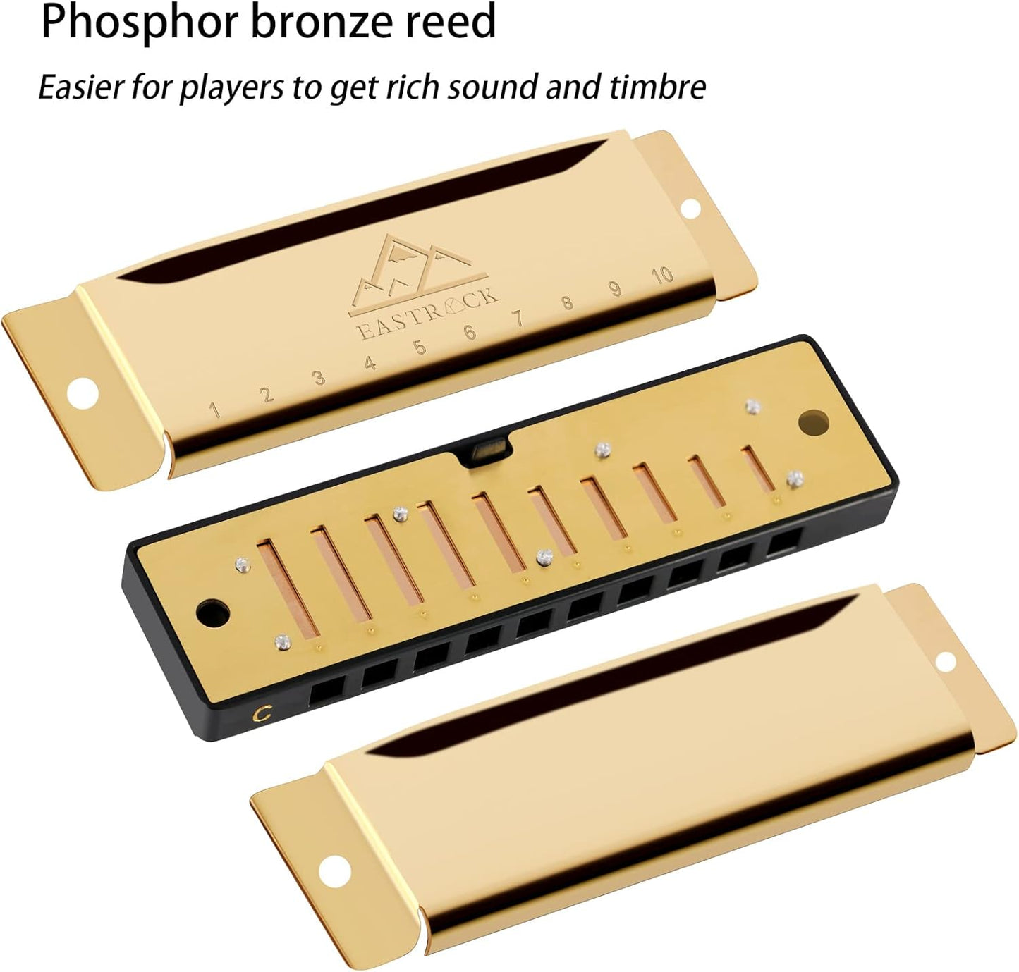 EastRock Blues Harmonica Mouth Organ 10 Hole C Key with Case, Diatonic Harmonica for Professional Player, Beginner, Students gifts, Adult, Friends, Gift (Gold)