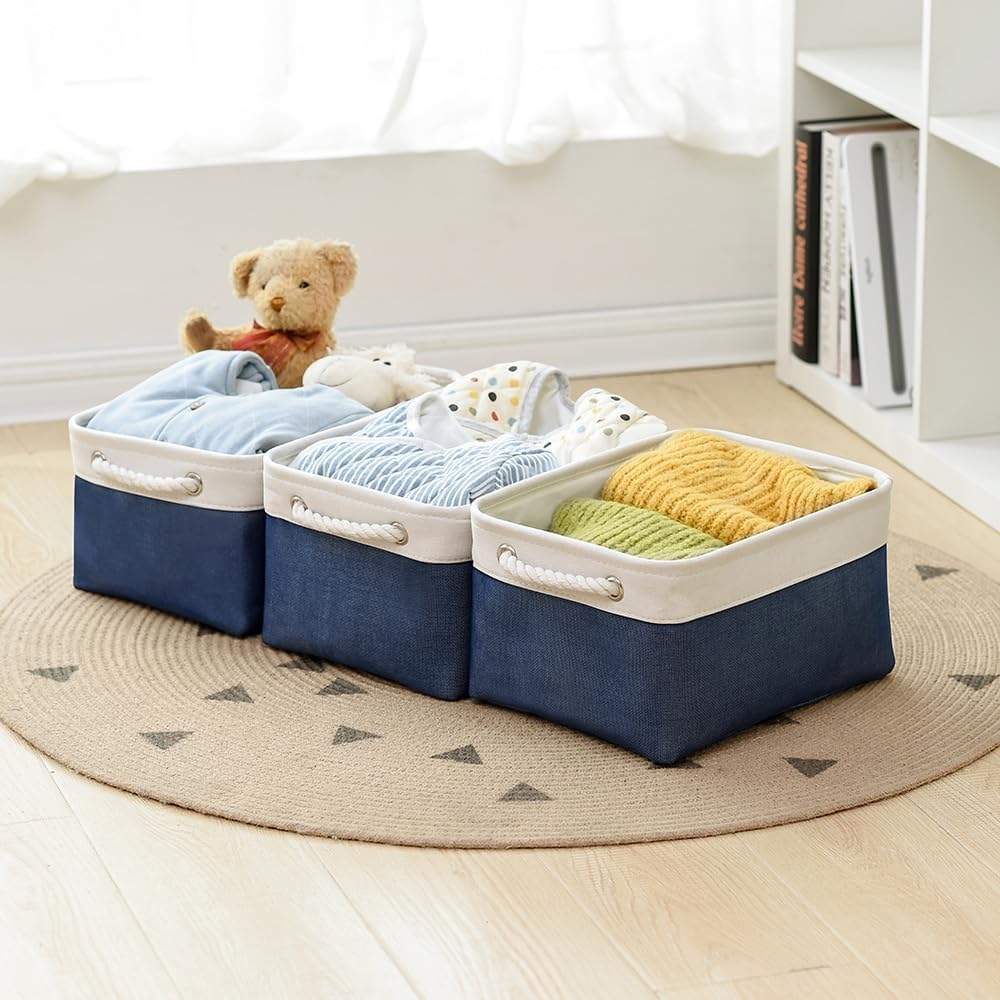 TheWarmHome Storage Bins for Shelves - 1 Pack 13.8x9.7x6.7 inch Collapsible Storage Basket for Organizing, Dog Toy Bin for Closet Organizer laundry Cloth Nursery (White & Jean Blue)