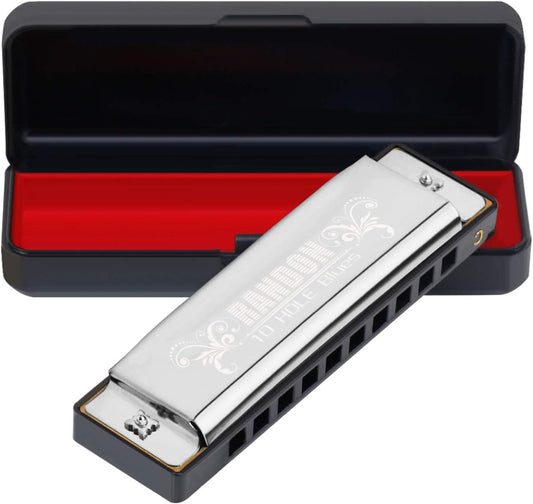 Randon Silver Harmonica Key of C, 10 Holes Diatonic Harmonicas for Adults/Kids/Beginners, Blues Harmonica as Gift, with Case, Clean Cloth and Manual