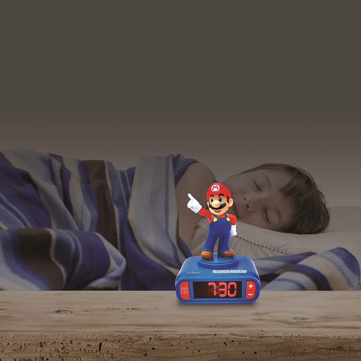LEXiBOOK, Super Mario, Mario Nightlight Alarm Clock, Sounds and Melodies, LCD Backlit Screen, Luminous, Snooze, Red/Blue, RL800NI