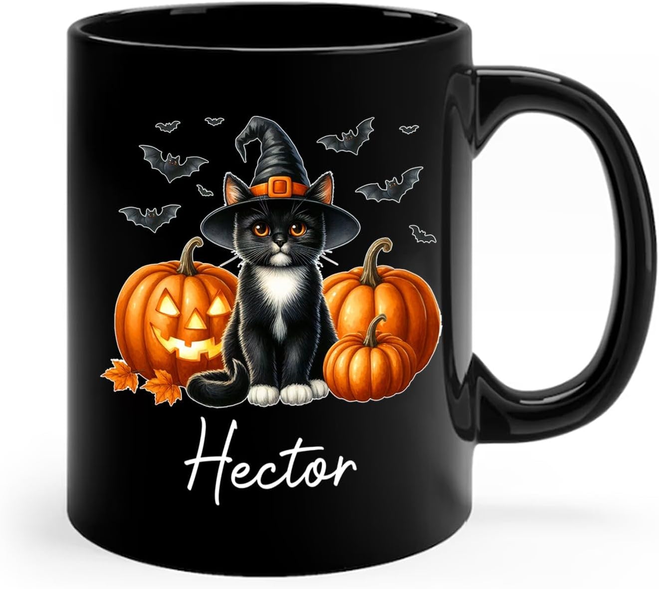 Custom Tuxedo Halloween Coffee Mugs with Name, Personalized Tuxedo with Pumpkins Ceramic Cups, Cat Wearing Witch Hat Black Mug, Cat Halloween Cup 11oz 15oz, Gift for Men Women Pet Lover