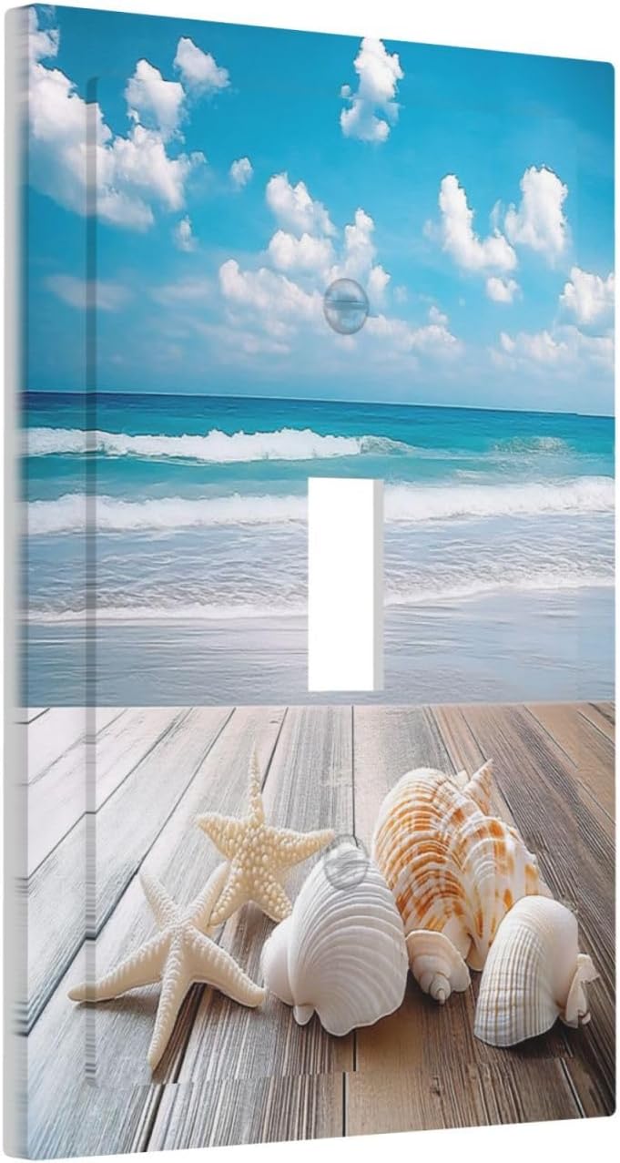 Decorative Light Switch Cover Beach Waves Brown Wood Starfish Shells 1 Gang Single Toggle Device Electrical Faceplate Switchplates Decorator Outlet Wall Plate For Bathroom Living Room
