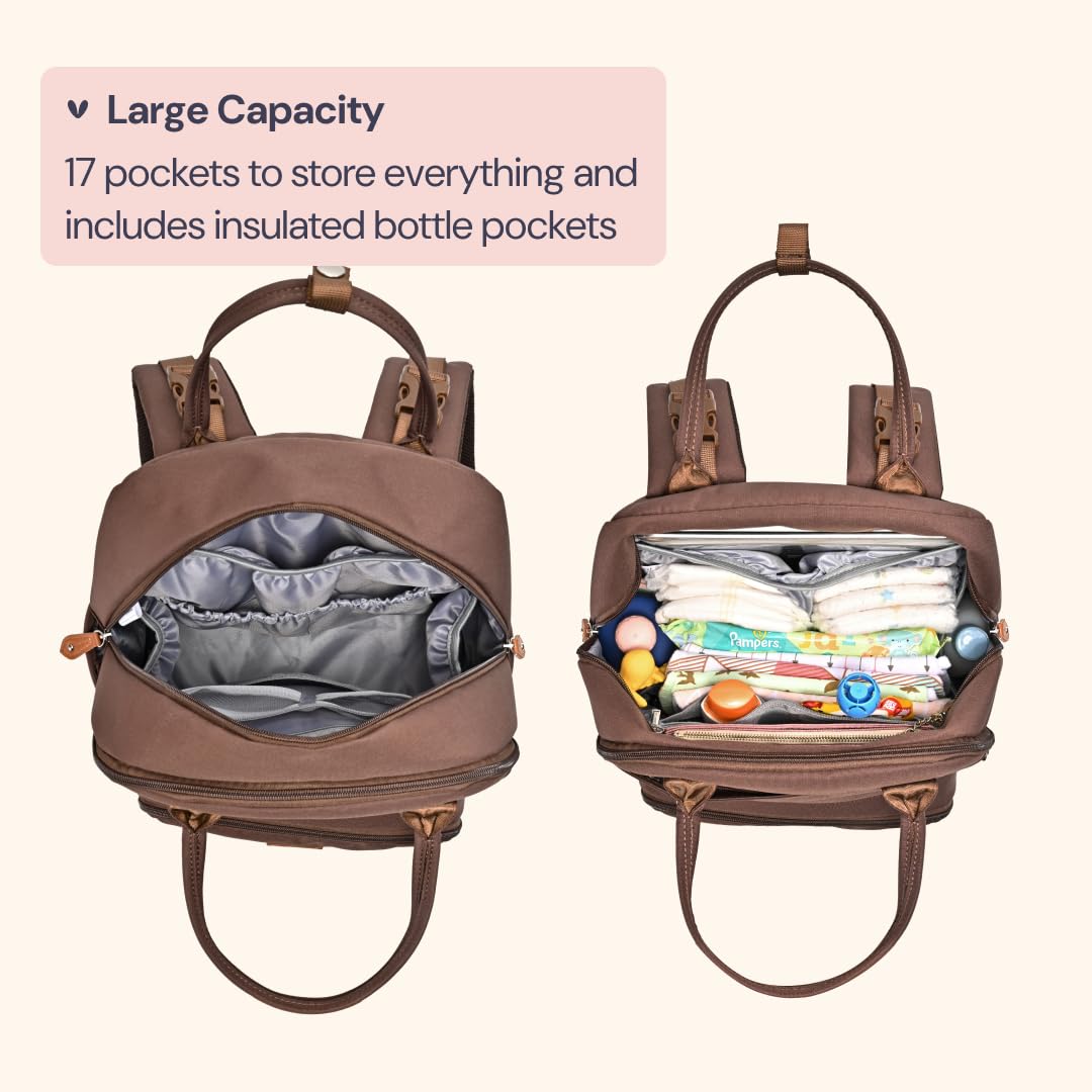 BabbleRoo Diaper Bag Backpack - Baby Essentials Travel Tote - Multi Function Waterproof Diaper Bag, Travel Essentials Baby Bag with Changing Pad, Stroller Straps & Pacifier Case - Unisex, Brown
