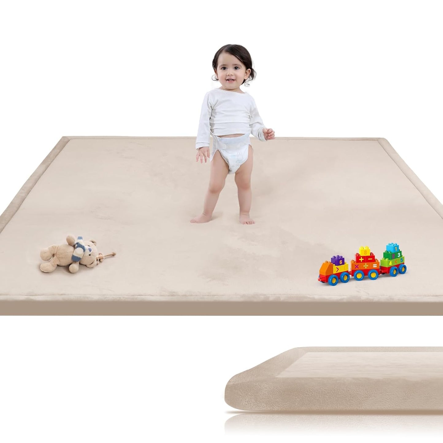 Baby Play Mat for Floor, 1.3" Thick Extra Large Cushioning Memory Foam Playpen Cushion, Soft Coral Velvet Tummy Time Mat with Non-Slip Backing, Child Nursery Rug for Toddlers, Kids (Beige, 79X59)