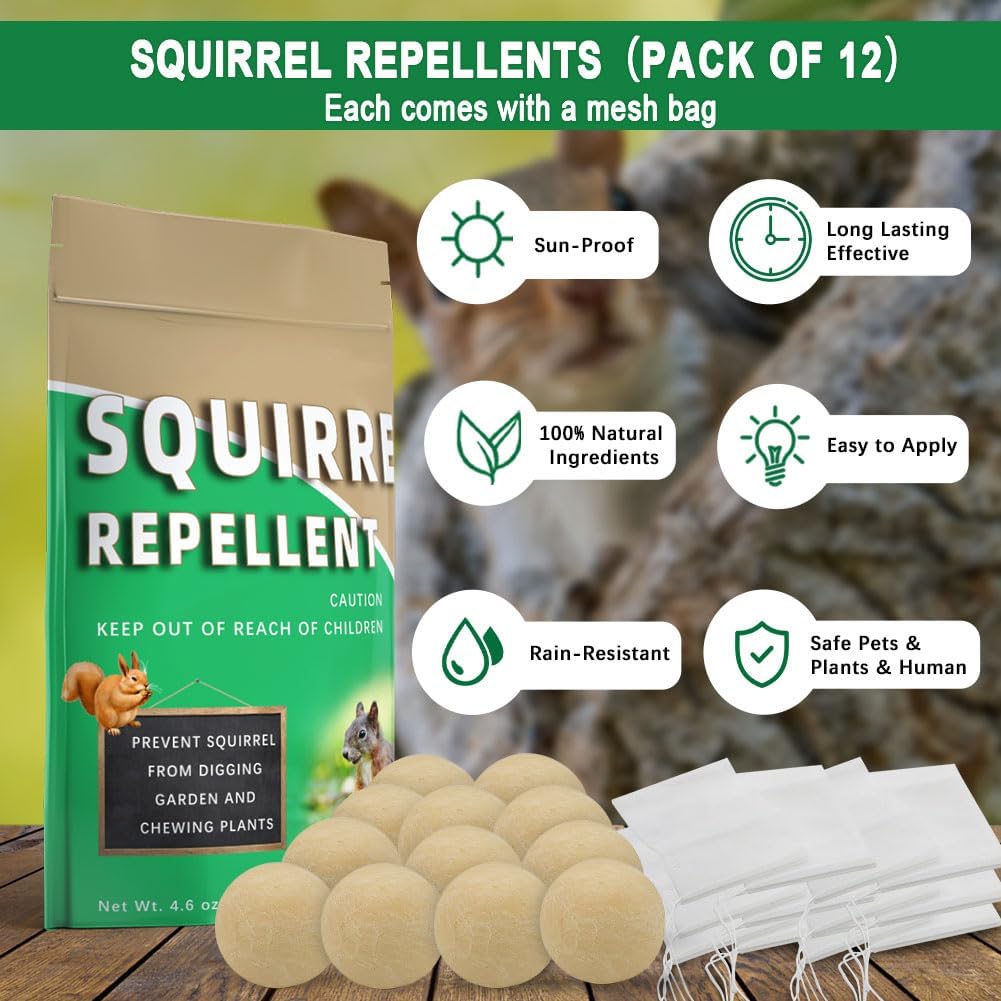 Squirrel Repellent Outdoor, Chipmunk Repellent for Attic/Garden/Bird Feeders/Plants/Cars, Deterrent Squirrels, Keep Chipmunks Away-Pack of 12