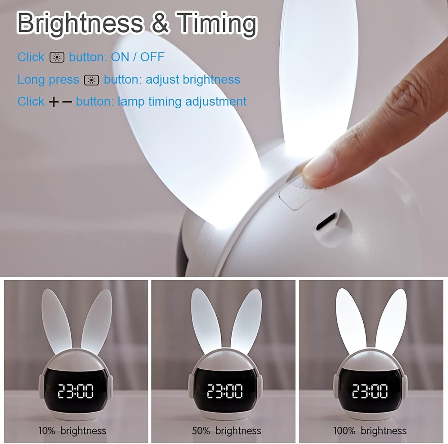 Kids Alarm Clock for Kids, Bunny Alarm Clocks for Girls Boys, White Kid Alarm Clock with Ringtones & Night Light Rechargeable Snoozing