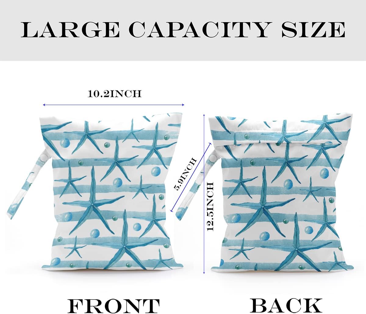 Wet Dry Bag for Swimsuit, Travel, Beach, Pool, Diapers, Dirty Yoga Gym Clothes, Makeup, Waterproof Reusable Beach Bag with Ocean Decor Starfish Sea Horse Anchor