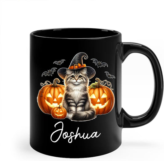 Customized Siberian Wearing Witch Hat Coffee Cup with Name, Personalized Siberian Cat Pumpkins Ceramic Mugs 11oz 15oz, Halloween Cat Cup Gift for Dad Mom Kid, Pet Owner Halloween Black Mug