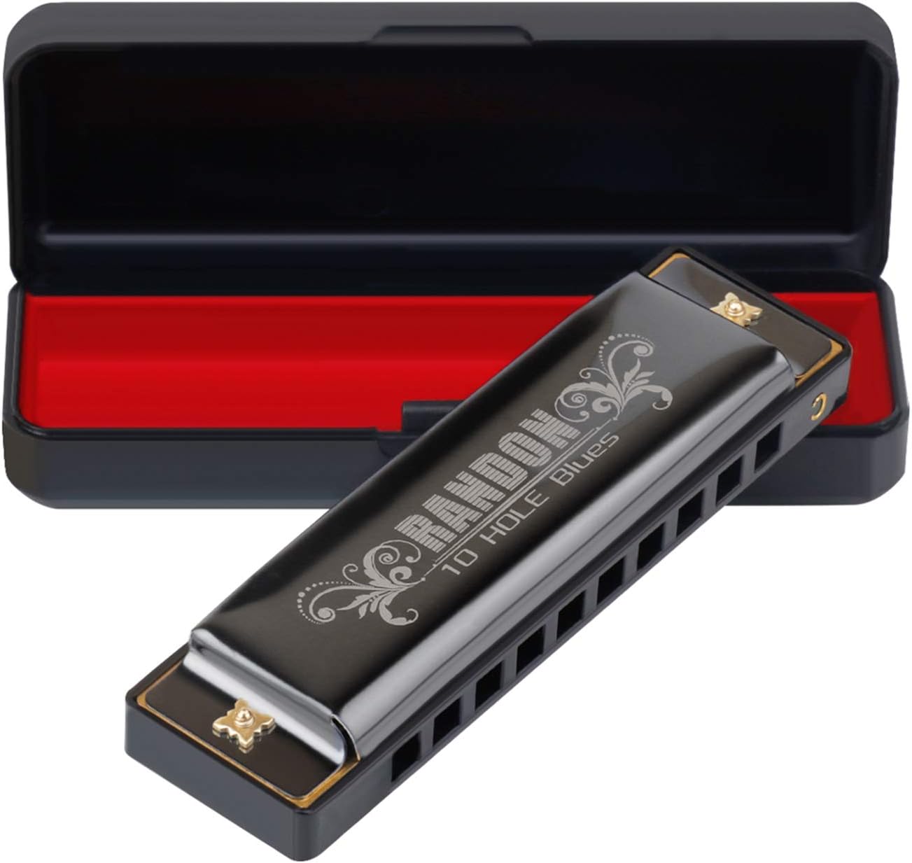 Randon Black Harmonica Key of C, 10 Holes Diatonic Harmonicas for Adults/Kids/Beginners, Blues Harmonica as Gift, with Case, Clean Cloth and Manual