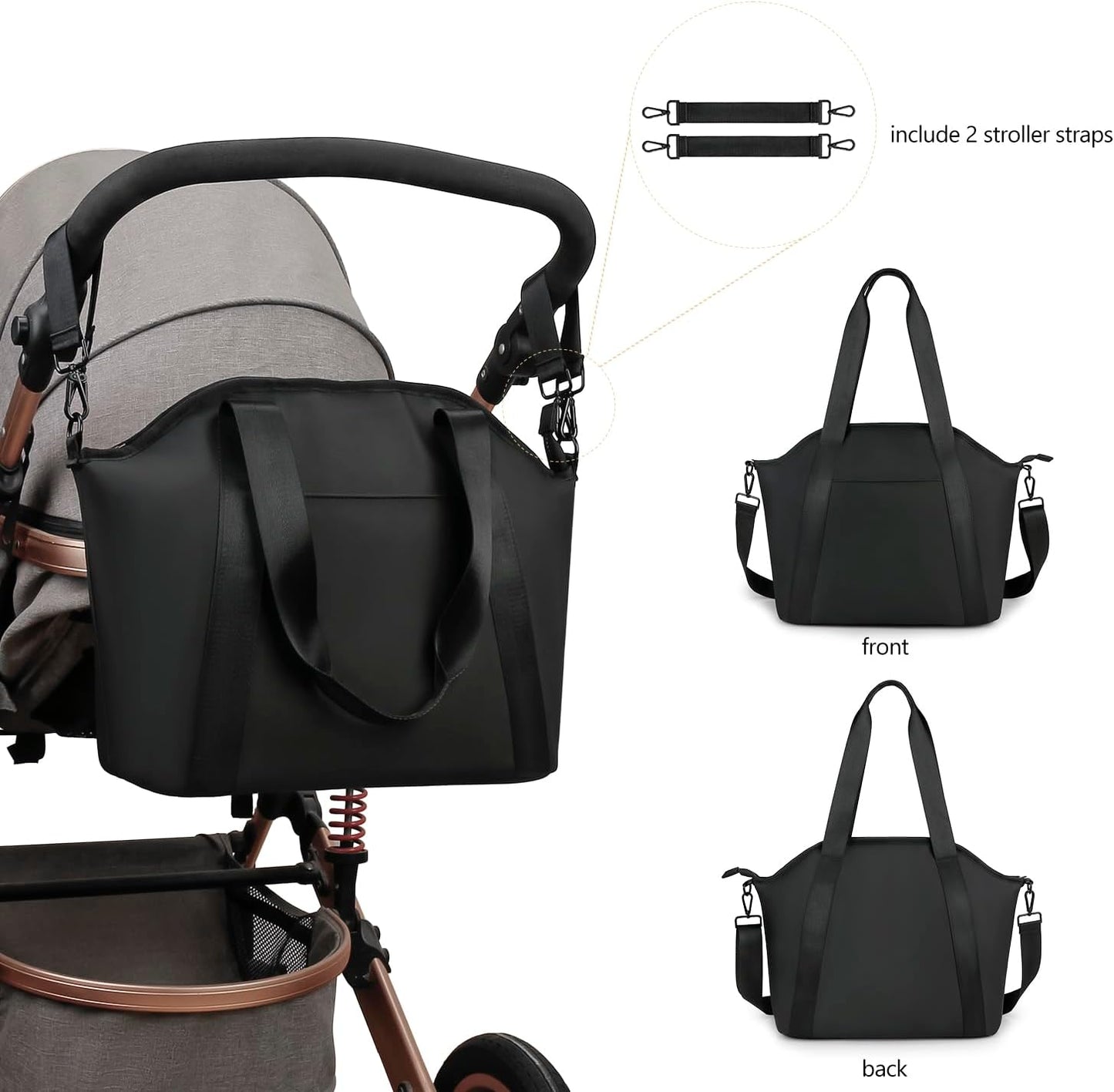 Diaper Bag Tote for Women Stylish Baby Bag Black PU Messengers Bag with Wet Bag,Stroller Hooks