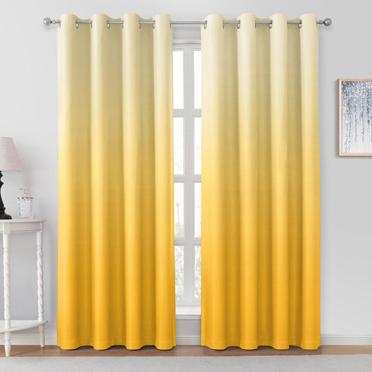 HOMEIDEAS Mustard Yellow Ombre Blackout Curtains 52 X 84 Inch Length Gradient Room Darkening Thermal Insulated Energy Saving Grommet 2 Panels Window Drapes for Living Room, Bedroom