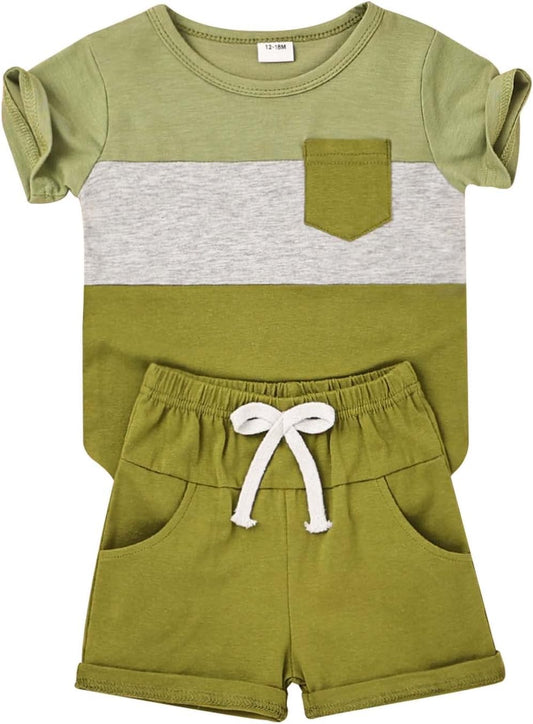 Baby Boy Clothes Toddler Boy Summer Outfits Short Sleeve Patchwork Top T-shirt & Pocket Pant Set 2 Piece 12 Months-4T