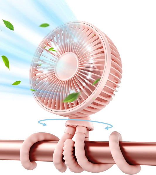 Gaiatop Baby Stroller Fan, 4000mAh Oscillating Mini Portable Fan with Light, 4 Speeds Battery Operated Small Handheld Desk Fan, 360° Rotate Flexible Tripod Clip On Fan for Car Seat Crib Travel Pink