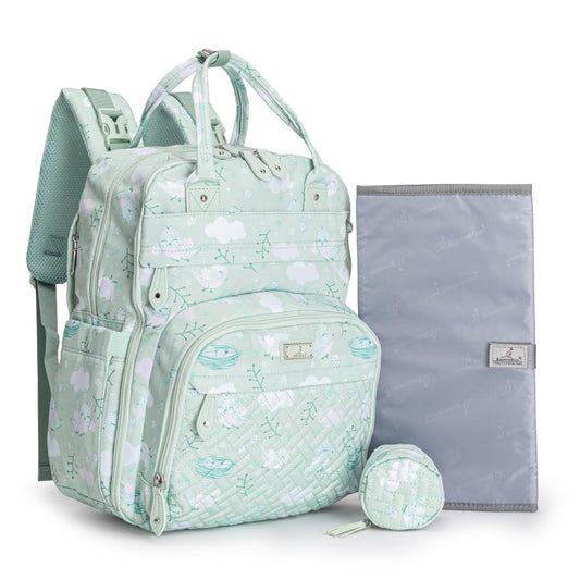 BabbleRoo Diaper Bag Backpack - Baby Essentials, Travel Essentials Baby Bag with Changing Pad, Stroller Straps & Pacifier Case - Unisex, Green Birdy