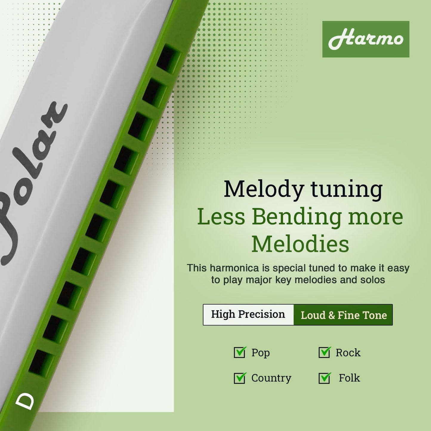 Polar Diatonic Melody Tuned Harmo Harmonica Key of D - Special Tuning for Easy Melodies in Cross Harp, 2 Octaves Without Bends, Loud & Responsive with Smooth Edges - USA-Checked